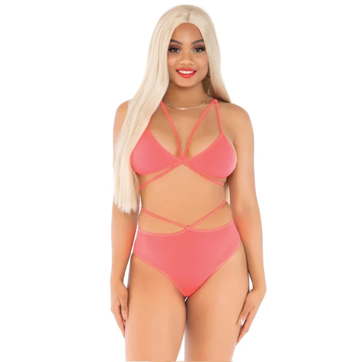 Cage Strap Bra Top and Brazilian Briefs Coral OS